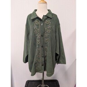 Vintage Erika Forest Green Faux Suede Top sz 3X Beaded Gold Trim Feminine Retro